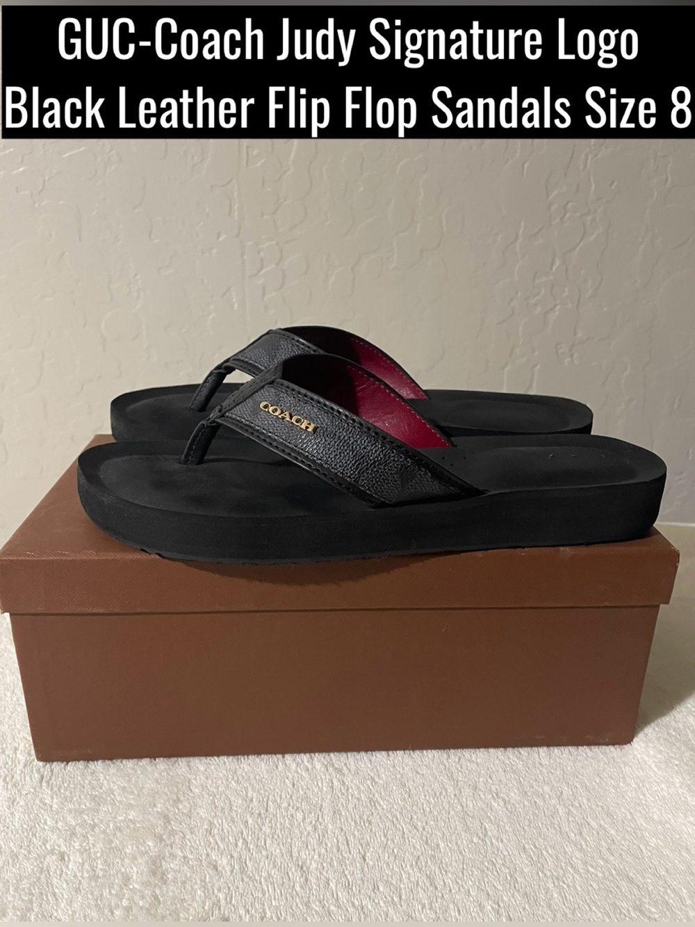 GUC-Coach Judy Signature Logo Black Leather Flip Flop Sandals Size 8